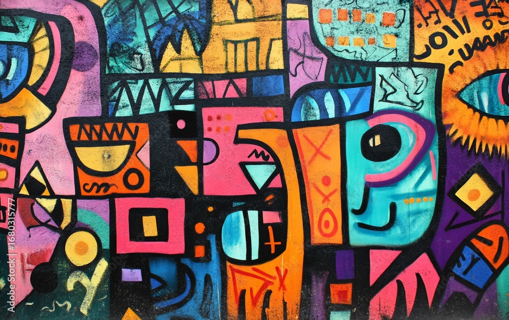 Obraz premium Colorful abstract painting with geometric shapes, bold lines, and an eye detail
