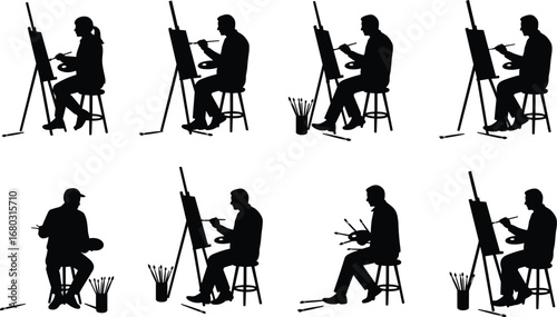 Silhouette artists painting, drawing at easels, creative people, art studio, painters, sketching, brushes, palettes, artistic work, fine art creation, workshop scene