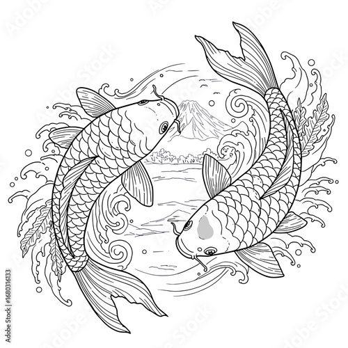 Elegant Ornamental Design Featuring Koi Fish and Mountain Landscape in Silver Tones