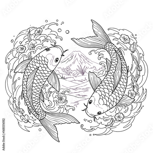 Ornate Silver Koi Fish Design with Mountain Scenery and Flowing Water Elements