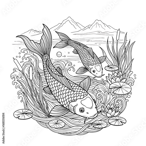 Two powerful fish leap from a river surrounded by mountains and aquatic plants