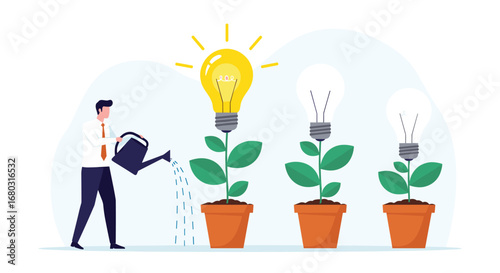 Businessman waters idea plants symbolizing growth and innovation, cultivating success