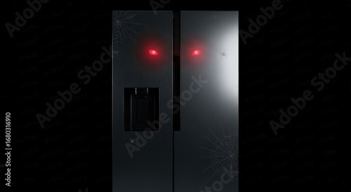 Spooky refrigerator with glowing red eyes and spiderwebs for halloween decor