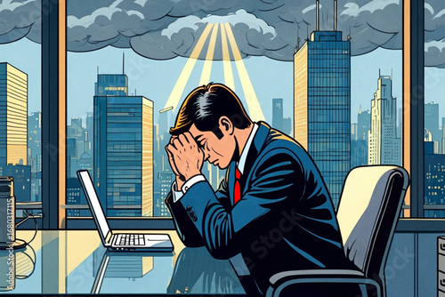 Ukiyo-e style office worker in despair with city skyline