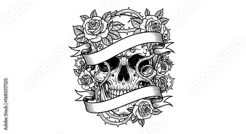 Gothic Skull Floral Ornament Decorative Design with Blacked Out Banners
