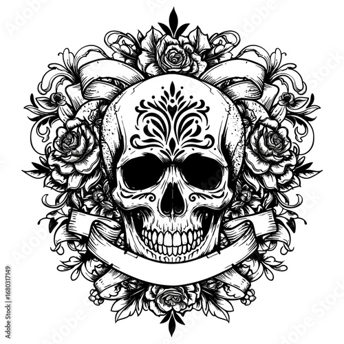 Gothic Ornate Skull Surrounded by Roses and Elaborate Scrollwork A Dark Artistic Design