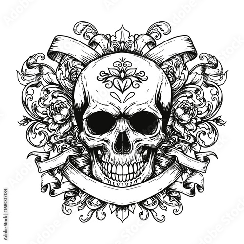 Ornate Skull Emblem Intricate Baroque Scrollwork Design