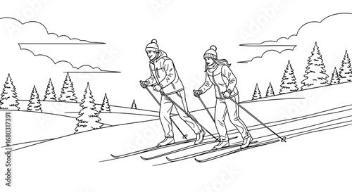 Two skiers glide down a snowy slope surrounded by pine trees and clouds