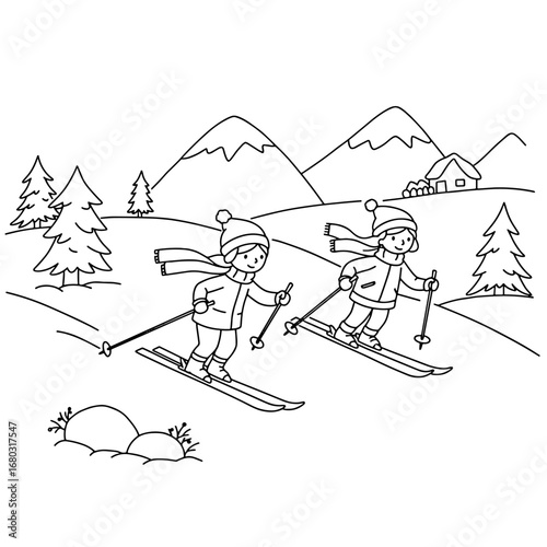 Two skiers descending a snowy mountain slope surrounded by pine trees and peaks