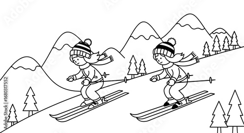 Two Cartoon Characters Skiing Down a Snowy Mountain Trail