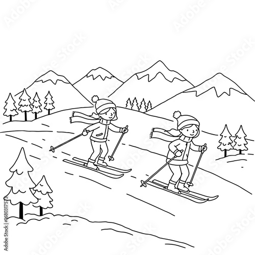Two Skiers Enjoying a Snowy Mountain Landscape with Pine Trees