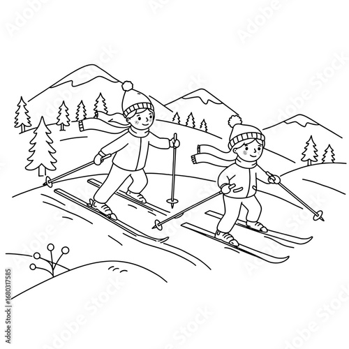 Two Skiers Enjoying a Scenic Mountain Landscape with Trees and Snowy Peaks