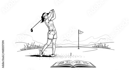 Golfer swings club on sunny course near flag on putting green