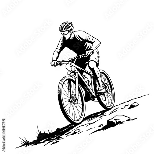 Extreme Mountain Biking Athlete Riding Downhill Trail With Fast Speed and Skillful Maneuvers