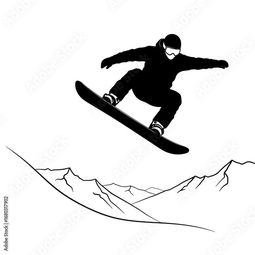 Dynamic Snowboarding Silhouette Capturing an Aerial Jump Over Mountain Terrain Illustration