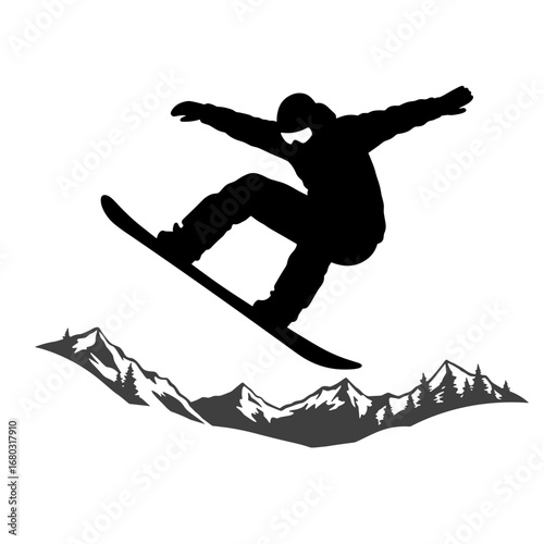Exciting Snowboarding Jump Action Silhouette Over Snowy Mountains
