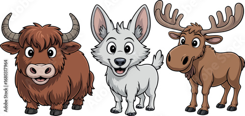 A delightful trio of cartoon animals is featured: a shaggy brown yak, a fluffy white dog with large ears, and a majestic brown moose with impressive antlers.