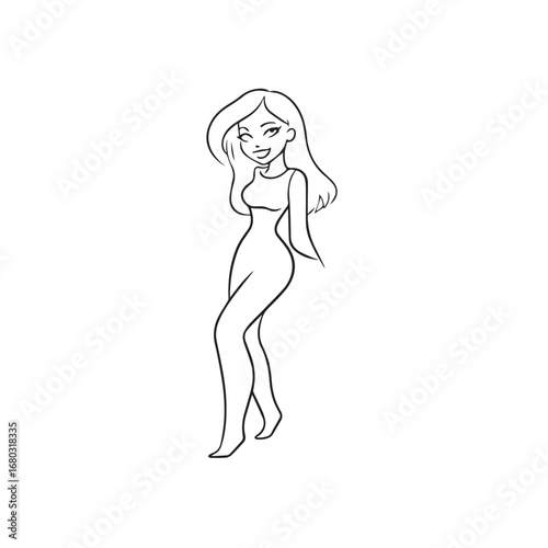 Beautiful Woman Black and White Vector Image Illustration Fashion Girl Portrait Line Art Drawing