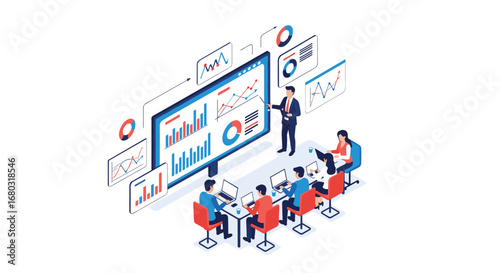 Dynamic business team analyzing growth charts and data in a modern presentation setting.