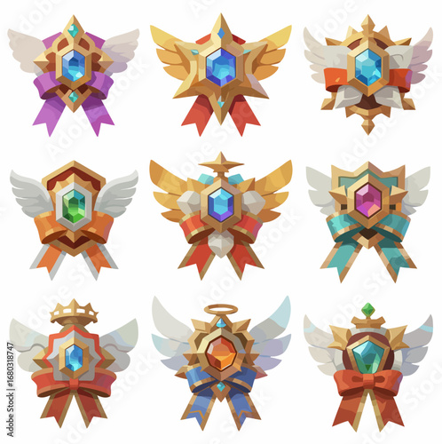 Hexagonal flower-shaped medal ICONS of different levels. The higher the level, the more complex the gemstones. Game art style, vector illustration