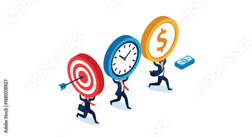 Driven entrepreneurs chase success carrying target, clock, and money for business growth