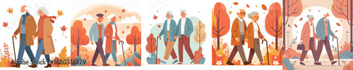 Grandpa and grandma are walking and enjoying the autumn scenery. A collection of icons, vectors, and illustrations.