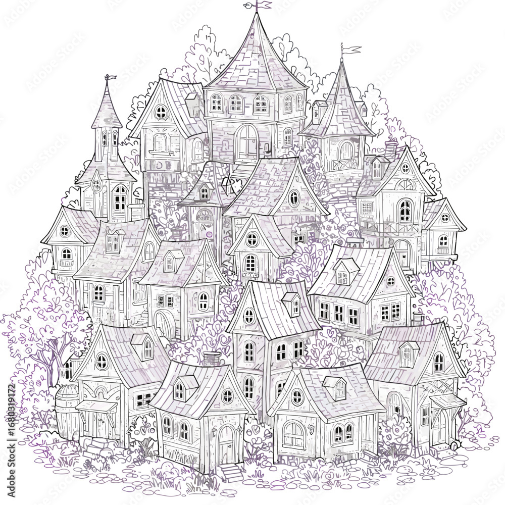 Obraz premium Intricate European Village Sketch with Numerous Houses and Steep Rooflines