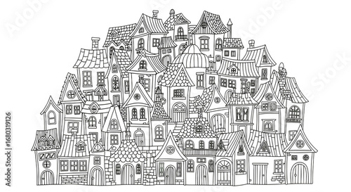Intricate illustration of a densely packed village with numerous houses and trees creating a complex architectural landscape