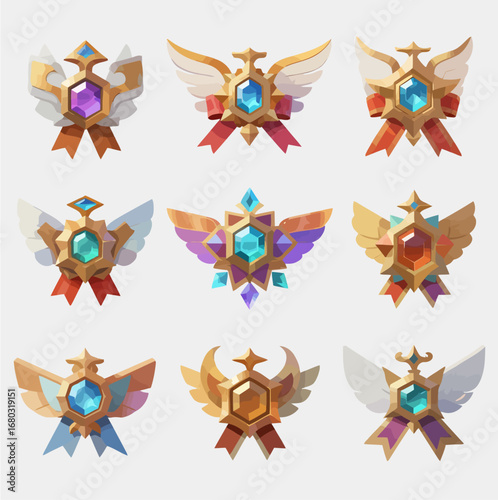 Hexagonal flower-shaped medal ICONS of different levels. The higher the level, the more complex the gemstones. Game art style, vector illustration