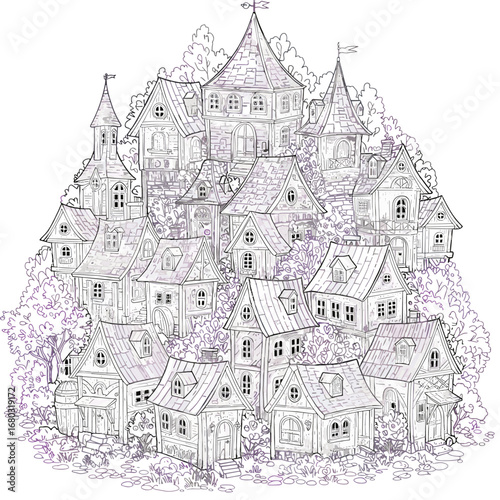 Intricate European Village Sketch with Numerous Houses and Steep Rooflines
