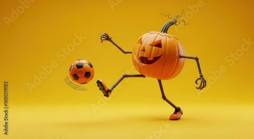 Halloween pumpkin character kicking a soccer ball on a bright orange background