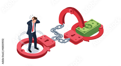 Stressed businessman trapped by debt, symbolizing financial burden and money's hold