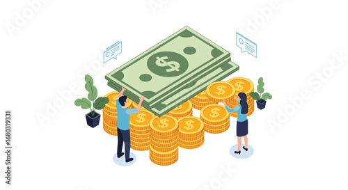 Dynamic duo building wealth together stacking coins and cash for financial success