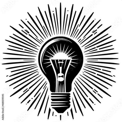 Black and White Vector Silhouette of Light Bulb with Sun Rays