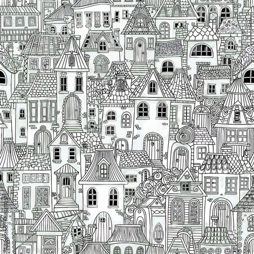 Detailed intricate sketch of a dense historic European town with many rooftops and windows