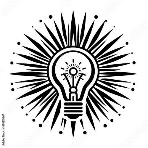 Black and White Vector Silhouette of Light Bulb with Sun Rays