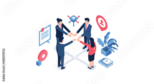 Dynamic team unites hands for collaborative success in modern business environment