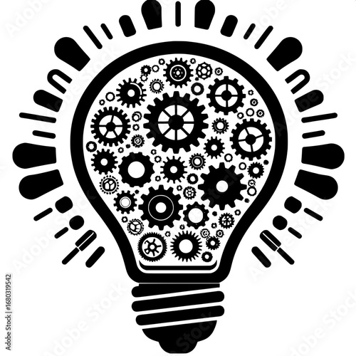 Black and White Vector Silhouette of Light Bulb with Gears Inside