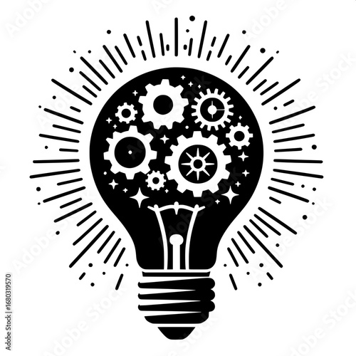 Black and White Vector Silhouette of Light Bulb with Gears Inside