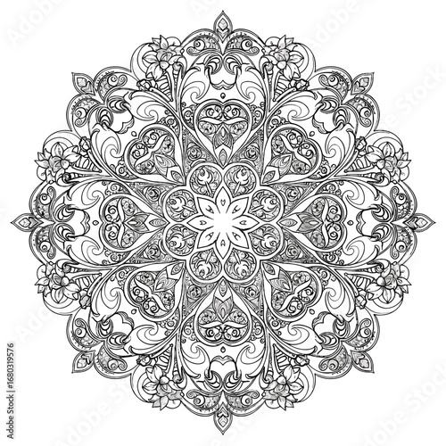 Intricate Radial Mandala Design with Ornate Floral Patterns and Geometric Symmetry