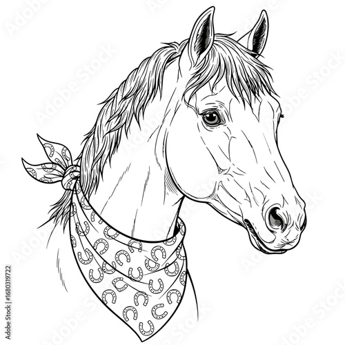 Stylized Black and White Horse Head with Bandana and Mane Accents