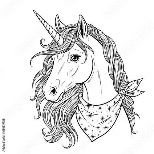 Elegant Unicorn Head with Ornate Mane and Floral Bandana Illustration
