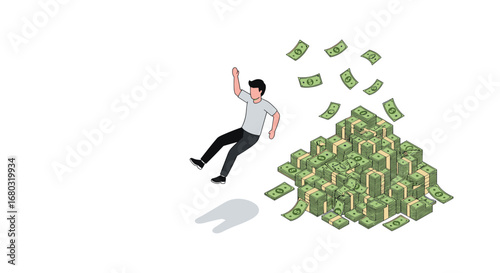 Man joyfully dives into immense pile of falling cash, symbolizing financial success and wealth.