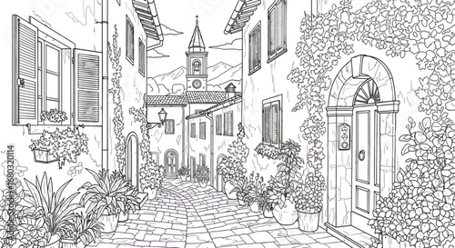 Intricate Black and White Architectural Fantasy Garden Scene