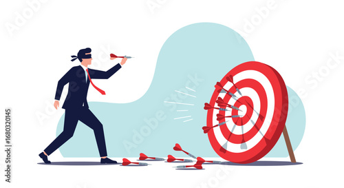 Blindfolded businessman misses target with darts, symbolizing business failure and poor strategy