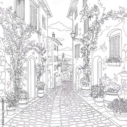 Enchanting Italian Courtyard Scene with Lush Greenery and Old World Architecture