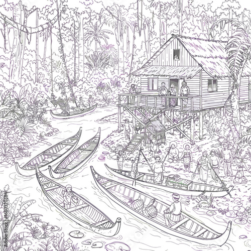 Serene Jungle River Journey with Traditional Wooden Houses and Canoes