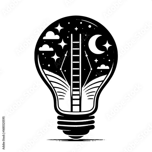 Black and White Vector Silhouette of Light Bulb with Ladder Inside