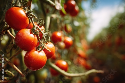 Ripe red tomatoes growing on vine in sunny greenhouse