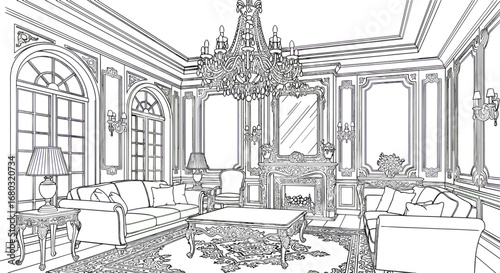 Elegant Ballroom Interior Design Featuring a Grand Chandelier and Ornate Architectural Details